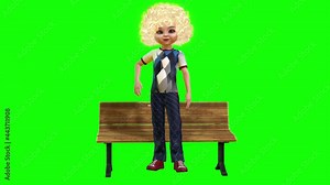3d animation of a toon girl sitting and standing by a bench while she invites everyone to listen to her as she talks about something.