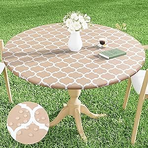 Smiry Round Picnic Tablecloth, Waterproof Elastic Fitted Table Covers for 25" - 30" Tables, Wipeable Flannel Backed Vinyl Tablecloths for Camping, Indoor, Outdoor, Khaki & White