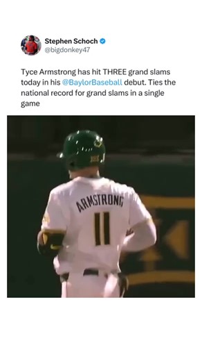 Joshua Shiffman on Instagram: "Unreal! Bro smashed 3 grand slams in 1 game. Baylor’s Tyce Armstrong is a video game legend come to life 😱 - Follow (@js9innings) for insane baseball content⬅️ - Use BRUCE BOLT code “JS9” for an exclusive offer on your next order for the best baseball equipment and accessories ⚡️ - Via - (@espn) - #baseball #MLB #baseballboys #baseballlife #baseballlove"