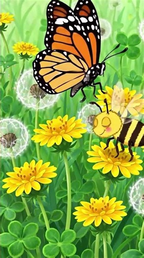 A Bee and a Monarch Butterfly Hanging Out by Some Dandelions ~ Cartoon Style