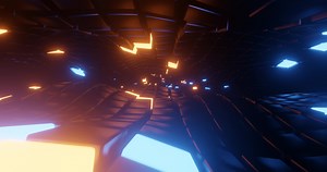 Abstract background using moving cube waves with metallic texture and some bright blues and yellows, 3d rendering, and 4K size