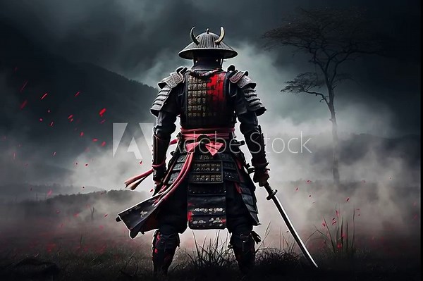 Samurai Warrior in a field, dark background, cloudy weather,.Ronin Samurai Background. Katana Sword