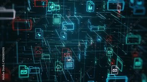 abstract complex grid with file and folder icons, futuristic document management system, concept of digital data organization (3d render)