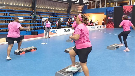 Day four of the SA National Defence Force Group Exercise Aerobics championships in Cape Town Military Base sports club. The white team represents both Limpopo and the province of KwaZulu-Natal, the pink team represents Western Cape, Free State is represented by the Orange team, North West is represented by the navy blue team, Northern Cape is red and black and the Gauteng province is represented by the blue team. Stamina and endurance in SA National Defence Force is a necessity. Thando Ramasimon