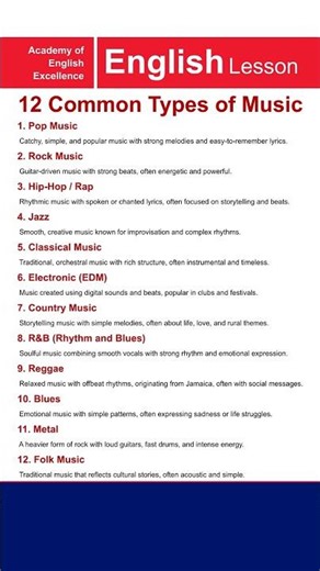 12 Most Common Types of Music Explained | Learn 12 Music Genres in English with Easy Examples