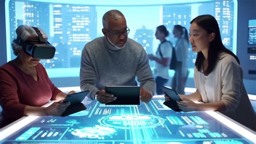 Exploring Virtual Realities: A Diverse Group Engages in High-Tech Interaction with VR and Digital Interfaces in a Modern Futuristic Setting | Premium Stock Video Footage