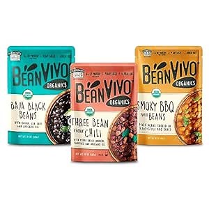 BeanVIVO - Variety 3 Pack (10 oz each) - Organic Baja Black Beans, Three Bean Vegan Chili, BBQ Pinto Beans - Seasoned & Ready to Eat, Plant Protein, Vegan, Gluten Free, Microwaveable, Instant Meals