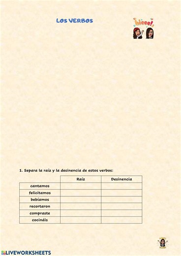 Los verbos: raíz, desinencia y formas verbales worksheet