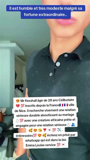 La familles sacrées 😍 Mr Feeshall âgé de 28 ans Célibataire💔 💯 inscrits depuis la France🇨🇵 🇨🇵 ville de Nice. Il recherche vivement une relation sérieuse durable aboutissant au mariage 💍💯 avec une créature africaine prête et engagée pour une relation sérieuse💍 🫂 🥰 😍 😘 ❣️ 💌 💯 ✈️ . #célibataireeurope #relationship #amour #fyppppppppppppppppppppppp #mariagemixte . Emma Louise service la Satisfaction et l'assurance en amour et en couplage avec l'homme blanc célibataire inscrits désire