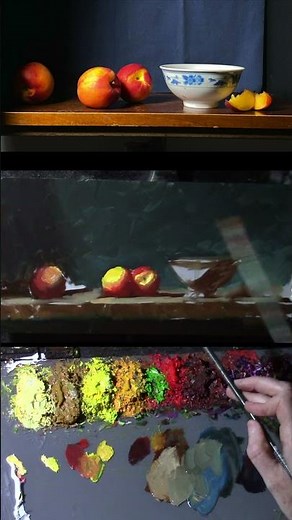 Panoramic Peaches Still Life Oil Painting