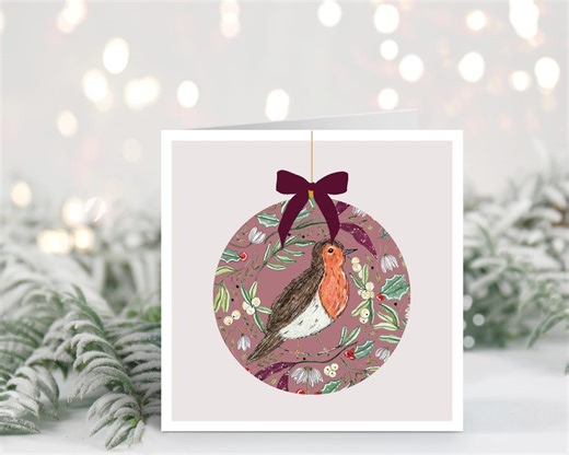 Handmade Robin Christmas Card, Watercolor Bauble Design - Etsy
