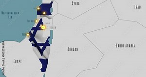 Map of Israel in the colors of national flag. The capital and major cities are marked.