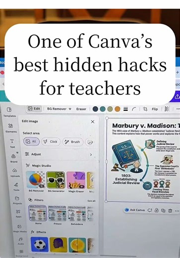 Download it. Drop it in Canva. Edit every word. You can drop an AI infographic into Canva and make it fully editable? Yes. Generate your infographic in NotebookLM, Gemini, or ChatGPT. Download it as an image. Upload it to Canva. Click the image. Hit grab text. Every word is now editable. Delete the content. Keep the structure. Hand it to your students as a guided notes page. That easy.
