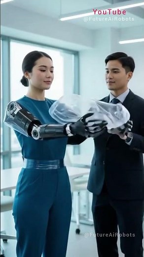 Futuristic Human with Robotic Arm Receives Upgrade in AI Lab 🔧🔵✨