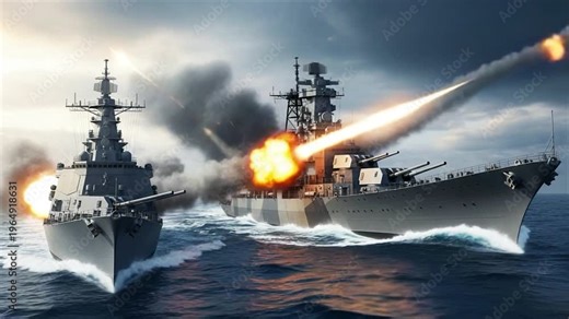 Naval Warfare: Two battleships engage in a fierce naval battle, firing powerful artillery barrages across the turbulent sea. The dramatic scene captures the intensity and chaos of a maritime conflict.