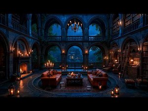 Dark Academia Gothic Library Ambience | Relaxing Piano & Violin | Cozy Fireplace with Rain Sounds