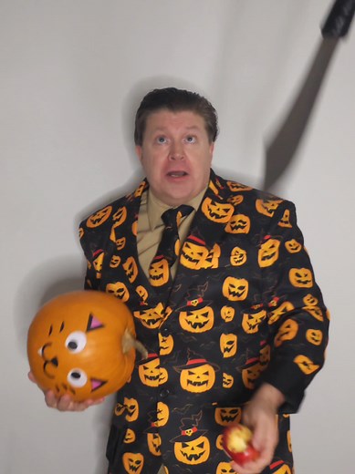 Happy National Pumpkin Day 🎃 Juggler Bites Apple While Juggling Knife & Large Pumpkin