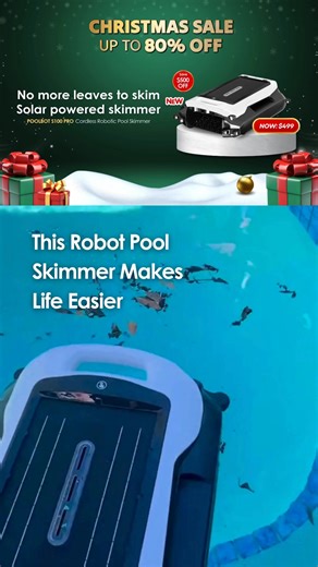 🌊 Solar-Powered Pool Care with PoolBot S100! 🎅 The PoolBot S100 runs on solar energy and keeps your pool clear of debris. Perfect for any pool shape and type. Now $499 OFF for Christmas Sale! Shop here #EffortlessCleaning #SolarPoweredSkimming | Robot My Life