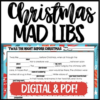 Christmas Holiday Activity Middle School ELA English Mad Libs Fun Grammar Game