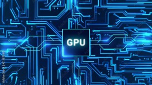Circuit board with moving electrons and graphics processing unit GPU. Data flow on a motherboard. Glowing circuit boards and electronic components. Concept of networking and cloud computing.
