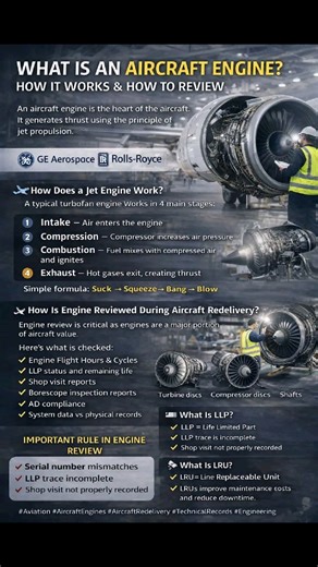 🫡🫡🫡✈ Aircraft Engine – Working, Types & Popular Models (CFM, LEAP, Trent) An aircraft engine is the powerplant of the aircraft. Its primary function is to generate thrust, which moves the aircraft forward and enables lift. In simple terms: Intake → Compression → Combustion → Exhaust Air enters → gets compressed → fuel ignites → high-speed exhaust gases produce thrust. This works on Newton’s Third Law of Motion. 🔎 Main Types of Aircraft Engines Aircraft engines are broadly classified into: 1️