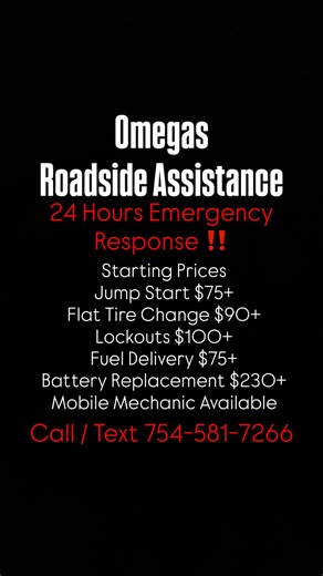 Omega Roadside on Instagram: "🚨 STRANDED? WE’VE GOT YOU COVERED 24/7 🚨 At Omega’s Roadside Assistance, we come to YOU — fast, reliable, and professional 💪 🔧 OUR SERVICES INCLUDE: • Flat tire change & tire replacement • Used & new tires • Mobile tire mounting & balancing • Jump starts • Battery replacement • Lockouts • Fuel delivery • Brake & rotor service • Alternators & starters • Belts & basic mechanical work 🚗 Cars • SUVs • Trucks • Tesla & EVs 📍 Mobile service — wherever you are ⏰ 24/7