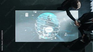 Skilled business team talk and present data communication system while project manager making handshaking. Top view of cooperate leader present cyber storage server and making agreement. Directorate. Stock Video