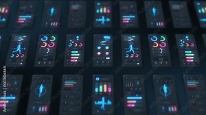 Hi tech panel of fitness application on dark background. Running and sports concept. UI, UX, GUI mobile screens modern infographic. Loop animation.