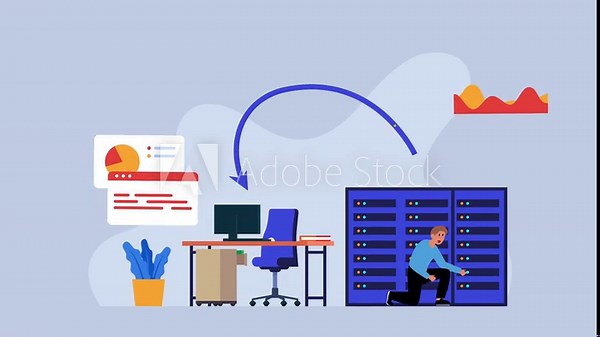 Engineer installing crypto mining farm in server room, data center cartoon animation