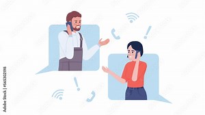 Animated calling internet provider. Tech support. Looped flat 2D characters 4K video footage. Color isolated animation on white background with alpha channel transparency for website, social media