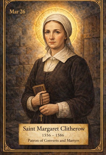Saint Margaret Clitherow (1556–1586) was a wife, mother, and Catholic living in York, England during a time when practicing the Catholic faith was illegal. At great personal risk, she secretly sheltered priests in her home, hid the Eucharist, and helped provide a place for Mass. When authorities discovered her actions, she refused to enter a plea in court—knowing it would protect others from being forced to testify. Because of this, she was sentenced to death and martyred. She is known as the “P