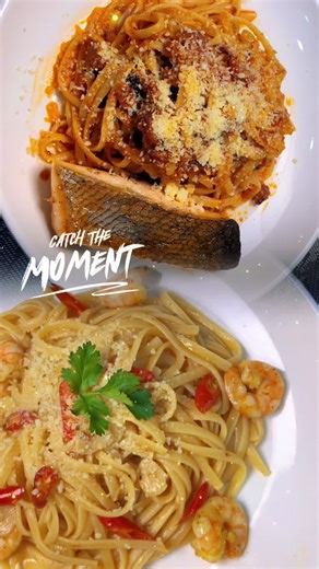 Linguine with Mariana Sauce and Crispy Skin Salmon Steak along with Linguine Agilo Olio with Shrimp