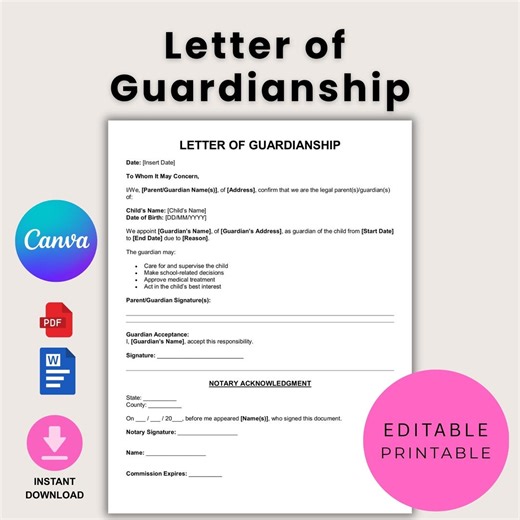 Editable Guardianship Letter Template | Legal Custody Form (digital Download) - Etsy