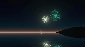 Vista marítima y explosión de fuegos artificiales crean una hermosa imagen y video de animación con calidad de video 4K