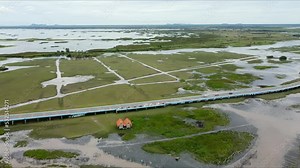 Aerial view of Ekachai Bridge or Chaloem Phrakiat 80 Phansa Bridge. Located in Thale Noi area the part of Songkhla Lake, Phatthalung, THAILAND. (2.7K resolution footage by drone)