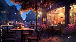 Animated illustration of a coffee shop street scene with a table and a cup of drink at night. Food shop illustration suitable for food business. background animation.