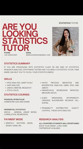 Statistics Soultion With Marie on Instagram: "Struggling with statistics? Get professional guidance and achieve top grades with ease! I offer comprehensive support for: ✅ Homework & Assignments ✅ Quizzes & Exams ✅ Statistical Projects & Data Analysis ✅ Online Courses (Pearson, WebAssign, Hawk Learning, and more) I'm specialize in industry-leading statistical software, including SPSS, JASP, JMP, Jamovi, Minitab, and MegaStat, ensuring accurate solutions with clear explanations. 💰 Affordable Pric