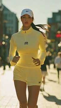 Street-style sports-advertising editorial photo of an athletic young Korean woman jogging on a cl...