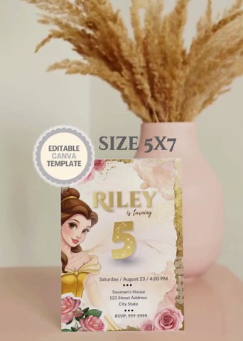 Princess Belle Birthday Invitation, Gold Elegant Party Invite, Editable Canva Template, Fairytale Birthday Invitation, Luxury Kids Invite - Etsy