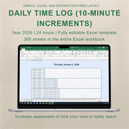 Daily Time Log - 10 Minute Increments - Excel Template | Time Log Excel - Etsy Australia