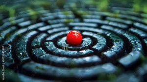 A maze made from stone blocks with a glowing red dot in the center, symbolizing challenge, direction, and the search for solutions or goals