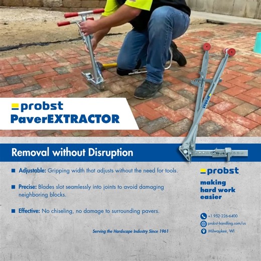 The Probst PaverEXTRACTOR lets you easily remove a paver that is cracked, protruding, or uneven. 👉 Discover more: https://www.probst-handling.us #ProbstHandling #HardscapePros #BuiltForPros #PavingRepair | Probst USA