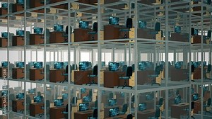 Cubicles With Chairs And Computers In Office. Loop animation.