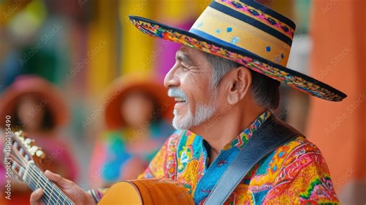 Mariachi musician in a Mexican hat playing guitar at Cinco de Mayo festival. Folklorico dancers in traditional costumes celebrating on the streets of Mexico. Festive atmosphere, music, and culture.