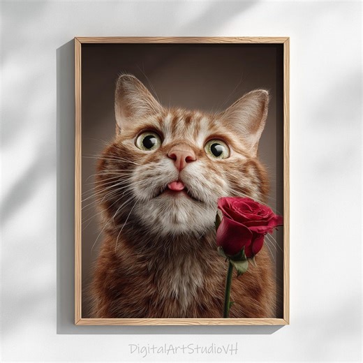 Printable Winking Ginger Tabby Cat With Red Rose - Photorealistic Pet Portrait Art, Playful Romantic Animal Decor, Digital Download 1537 - Etsy