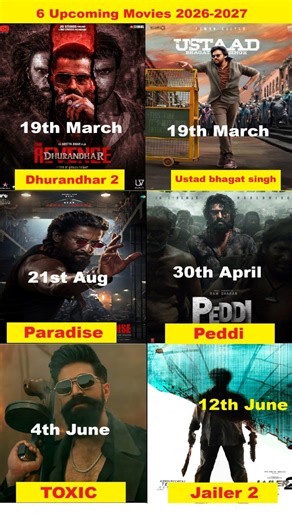 Top 6 Upcoming Films 2026–2027 Toxic, Dhurandhar 2, Paradise, Peddi, Jailer 2, Ustad Bhagat Singh