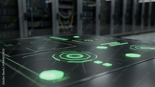 IoT monitoring dashboard in medium shot presenting normal operation green status indicators and sensor readings from data cabinets with outoffocus server racks behind.