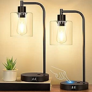 Set of 2 Industrial Touch Control Table Lamps with USB C+A Ports and AC Outlet - 3-Way Dimmable Black Bedside Lamps Nightstand Desk Lamps for Bedroom Living Room, Glass Shade & 2 LED Bulbs Included