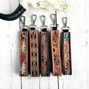 Western Tooled Leather Keychain Wristlet: Wrist Lanyard | Cowgirl Key Fob - Etsy