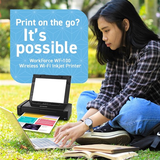 Print on the go? It’s possible​ The WorkForce WF-100 Wireless Wi-Fi Inkjet Printer is the best partner for anyone on the go. Anytime the need arises, you can print anywhere, anytime. Plus, its efficient design reduces energy consumption, making your printing tasks greener.​ Let the lightweight, wireless printer from Epson do all the heavy lifting for you.​ ​Learn more here: https://www.epson.com.ph/For-Home/Printers/Inkjet/Epson-WorkForce-WF-100-Wi-Fi-Inkjet-Printer/p/C11CE05502 ​ For immediate 